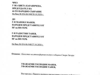 Въздухът на Стара Загора е чист - отговор от МОСВ на питане от депутати